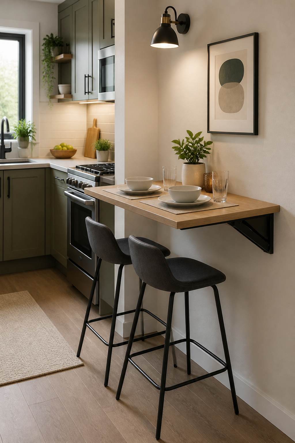 Small kitchen featuring fold-down wall-mounted table attached to wall, two modern bar stools tucked underneath, creating dining area without taking permanent floor space