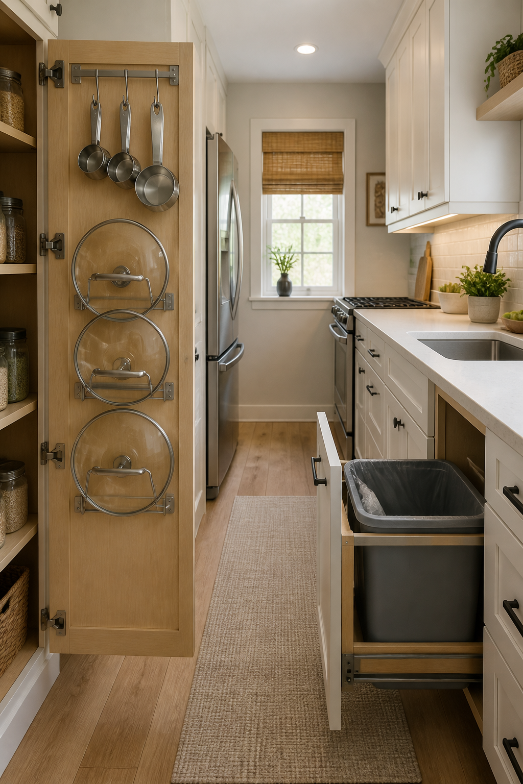 Narrow galley kitchen with organization system inside open cabinet door showing mounted measuring cups, pot lids on door rack, and pull-out trash bin concealed in base cabinet
