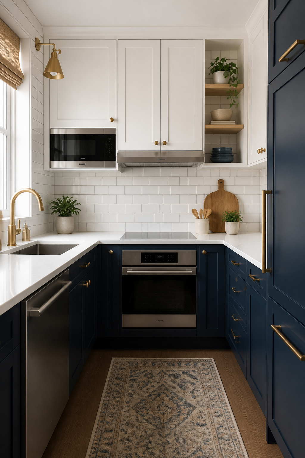 Small modern kitchen with two-tone cabinets - white uppers and navy blue lowers - subway tile to ceiling, gold hardware accents, and compact appliances integrated seamlessly into cabinetry