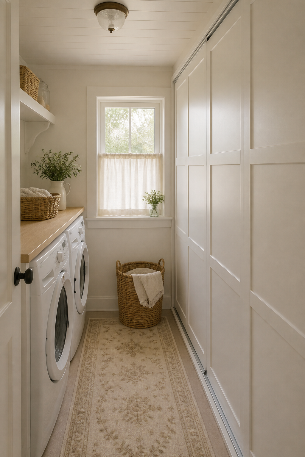 A cramped 54 square foot laundry room with white IKEA sliding door cabinets installed along one wall, washing machine and dryer visible, cottage-style aesthetic with cream and white color palette, natural lighting from small window