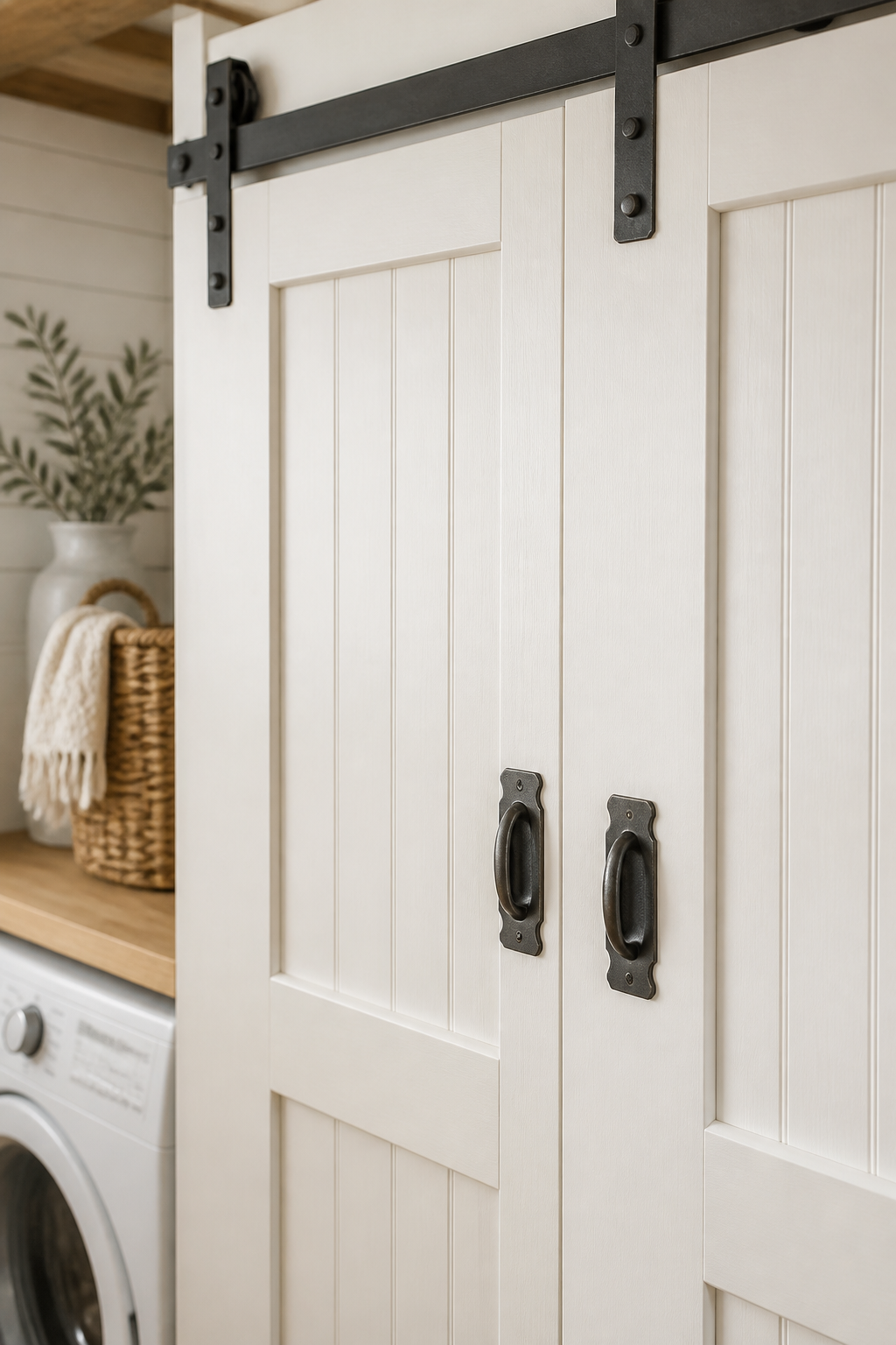 Close-up of white sliding cabinet doors in a laundry room, displaying cottage-style hardware and simple panel details, soft natural wood tones, cozy farmhouse aesthetic