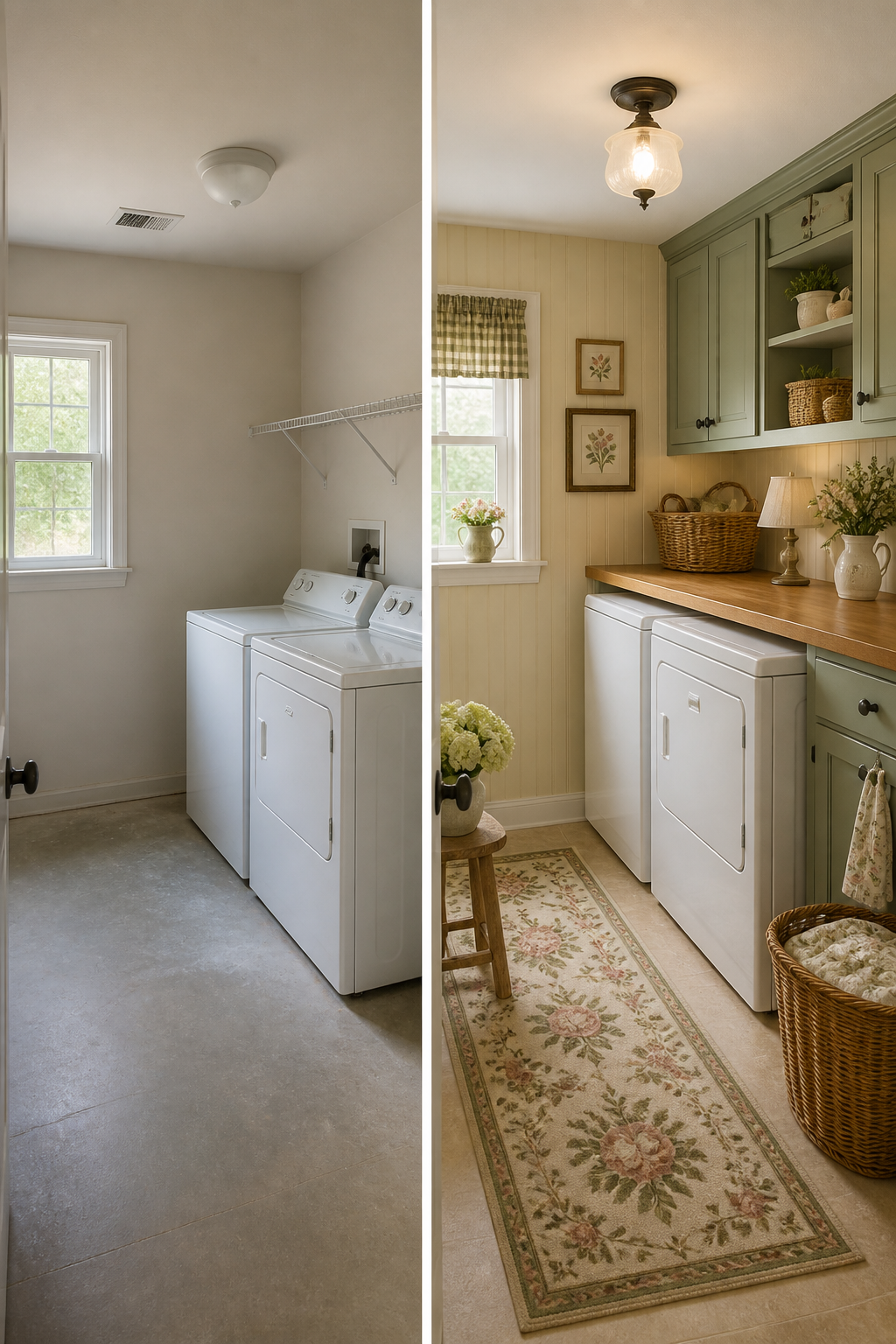 Before and after comparison layout showing a bland boring laundry room with bare walls and exposed appliances on one side, and the same space transformed with cottage decor, organized cabinets, and charming vintage-inspired touches on the other side