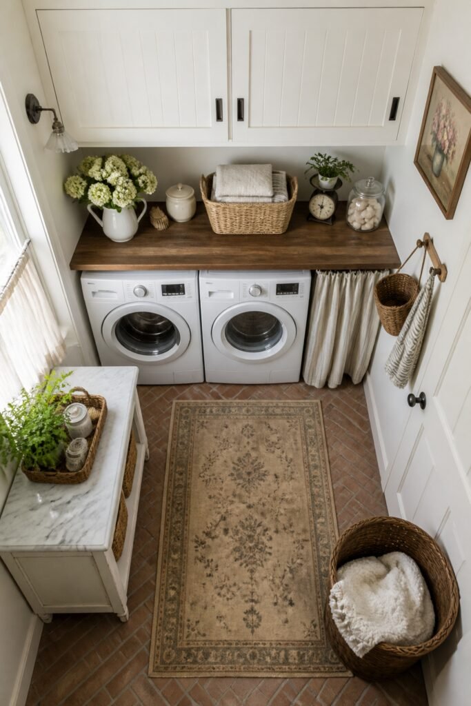 Overhead view of a small cottage-style laundry room showing space-saving layout, white cabinets with sliding doors, washer and dryer tucked beneath counter, woven baskets for storage, vintage-inspired accessories
