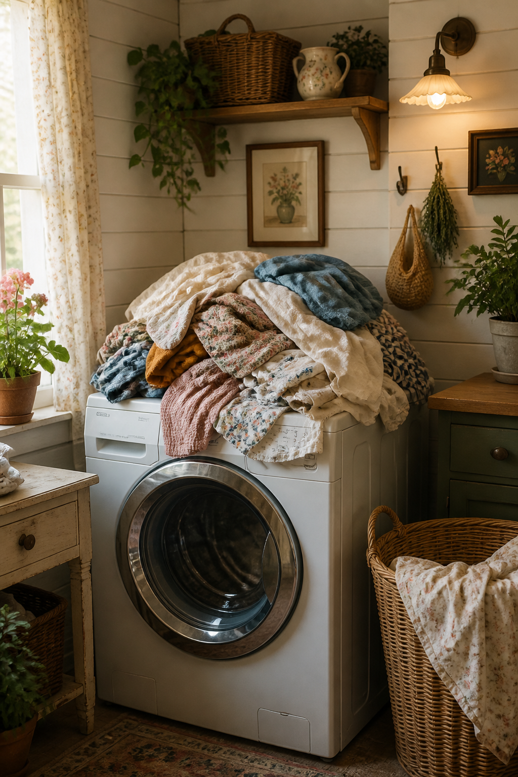 A pile of unfolded laundry on top of a washing machine in a charming cottage-style laundry room with white shiplap walls, vintage-inspired decor, plants, and cozy lighting creating an inviting atmosphere despite the everyday mess