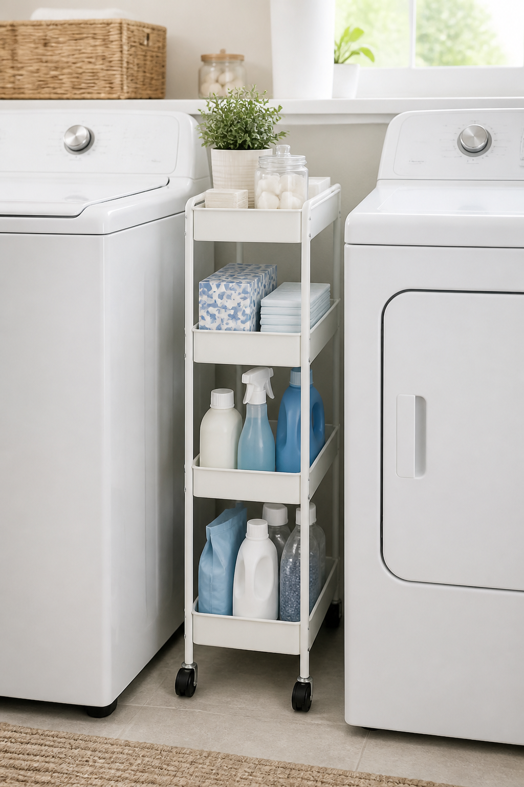 A slim white rolling storage cart with multiple tiers filled with laundry supplies like dryer sheets and stain removers, positioned in the narrow gap between a white washing machine and dryer in a bright laundry room