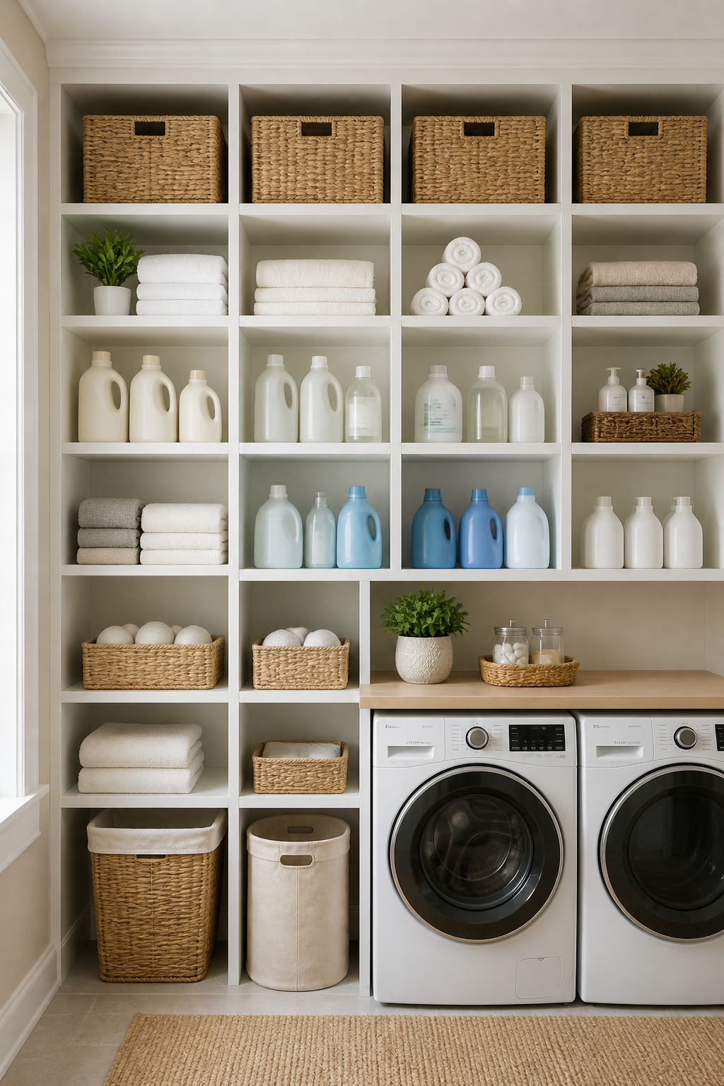 A well-organized laundry room wall featuring floor-to-ceiling white shelving units with neatly arranged detergent bottles, fabric softeners, and folded towels with wicker baskets on upper shelves