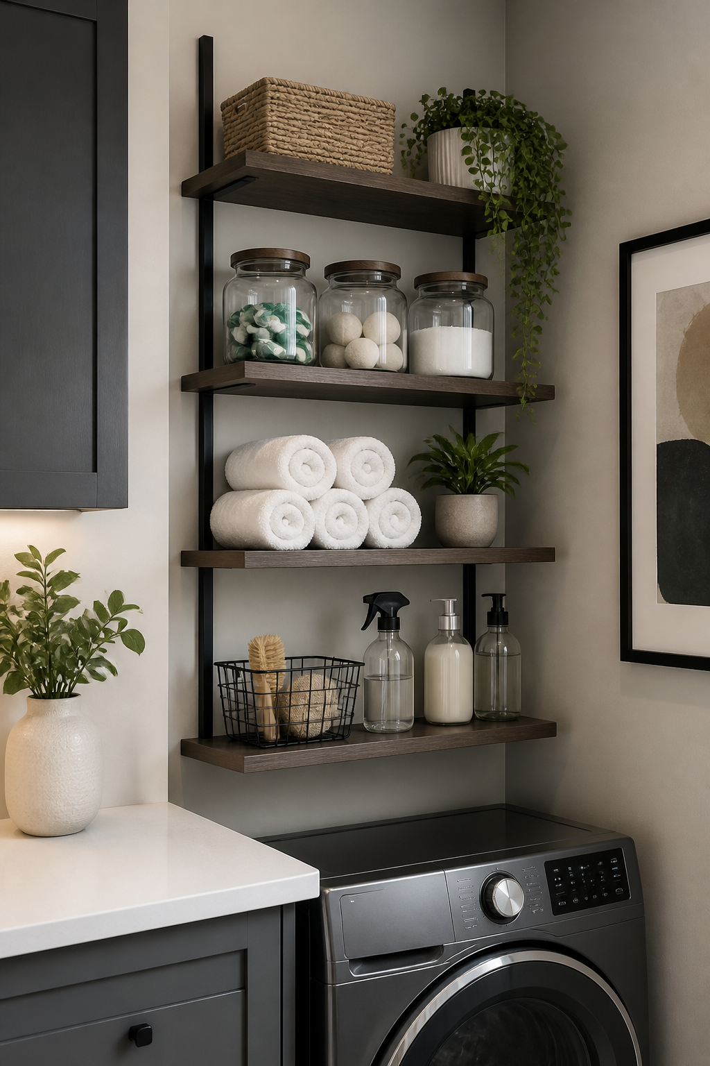 A modern laundry room corner showing vertical wall-mounted shelves with glass jars containing laundry pods, rolled towels, and cleaning supplies, with a sleek washer visible below