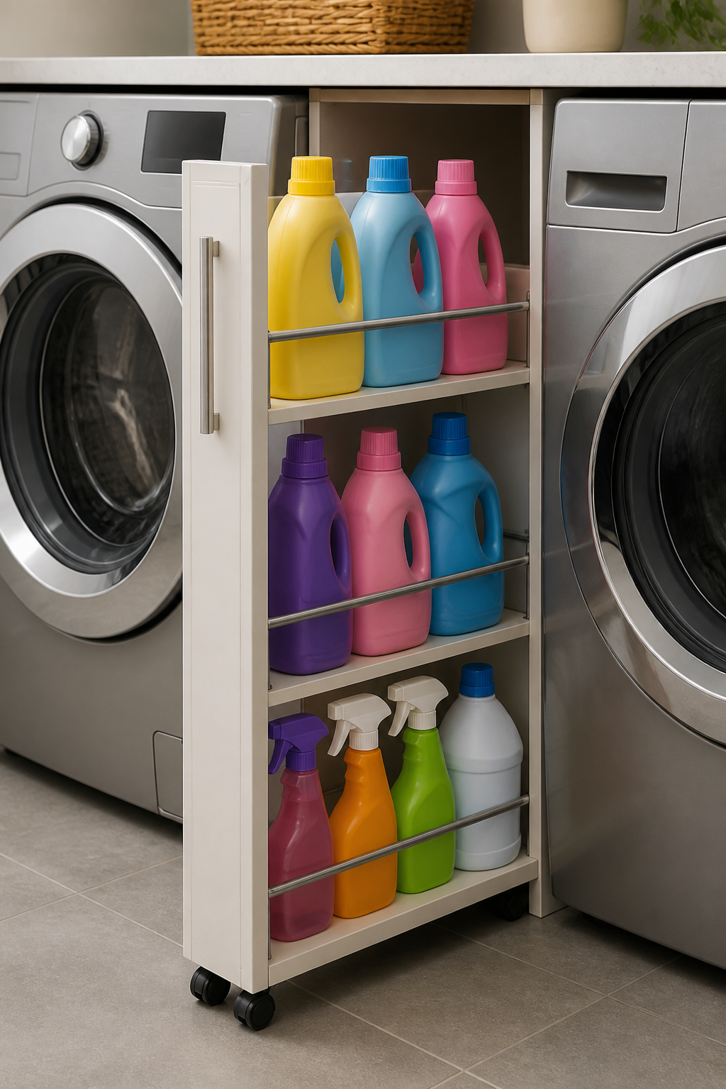 A pull-out sliding storage caddy on wheels loaded with colorful bottles of bleach, fabric softener, and spray stain removers nestled between two silver front-loading laundry appliances