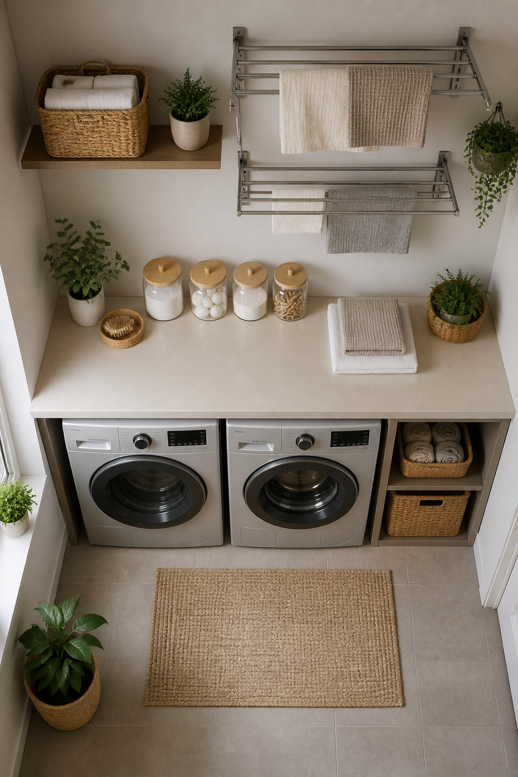 An overhead view of an organized laundry room countertop above appliances with matching containers, a small folding station, and wall-mounted drying racks maximizing vertical space