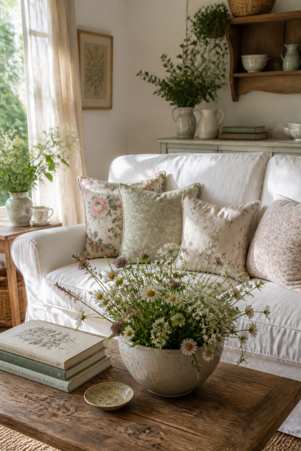 A cozy cottage core living room with white slipcovered sofa, vintage floral throw pillows, a wooden coffee table styled with stacked botanical books and a ceramic bowl filled with wildflowers, natural light streaming through sheer linen curtains, light and airy summer aesthetic