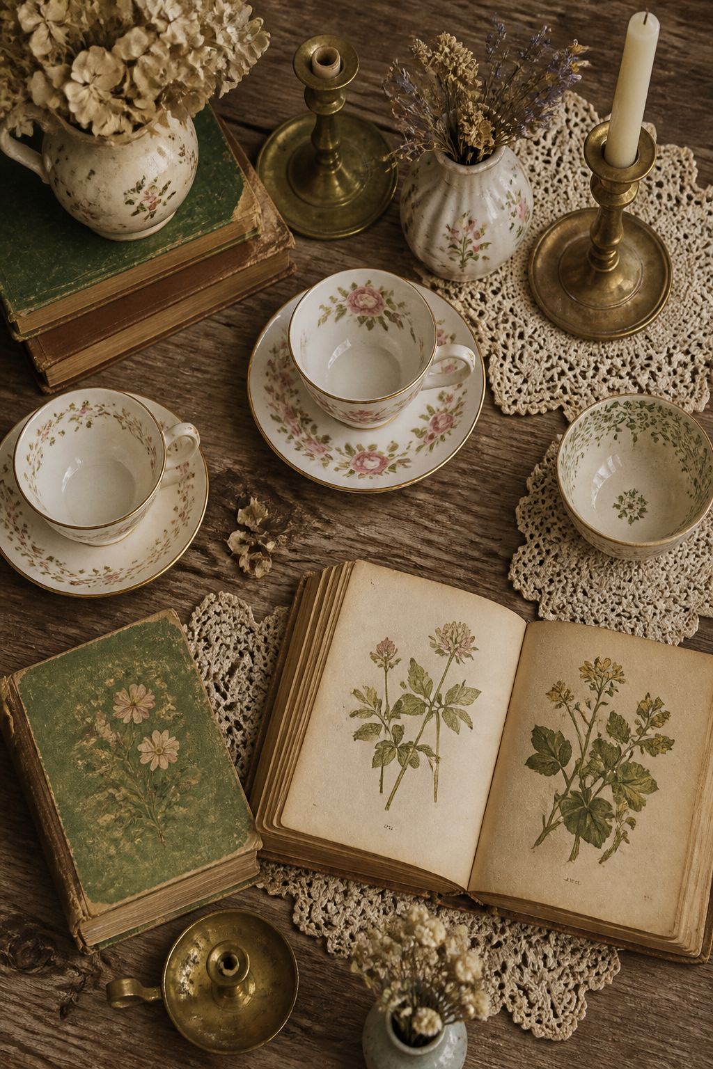 A flat lay arrangement on a rustic wooden surface featuring thrifted cottage core treasures: vintage floral teacups, aged botanical print books, antique brass candlesticks, delicate lace doilies, and small ceramic vases with dried flowers