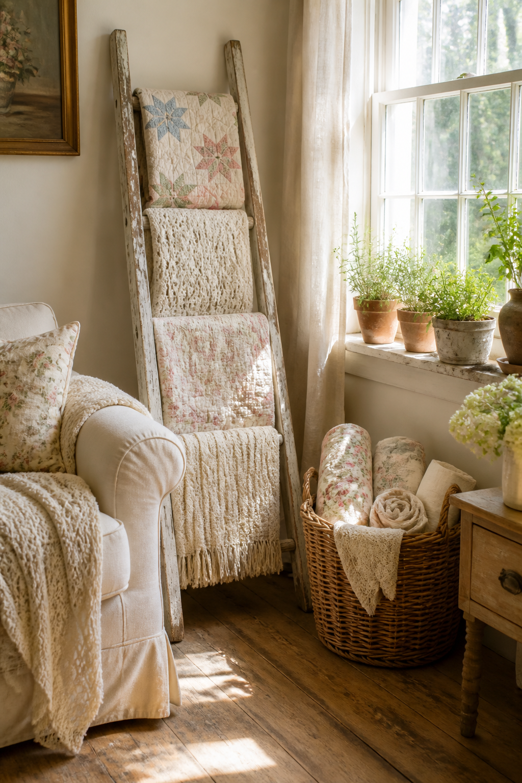 A sunlit corner of a living room decorated in cottage core style with a distressed white wooden ladder leaning against the wall displaying vintage quilts and cream knit throws, potted herbs on the windowsill, and a wicker basket filled with rolled linens on worn hardwood floors