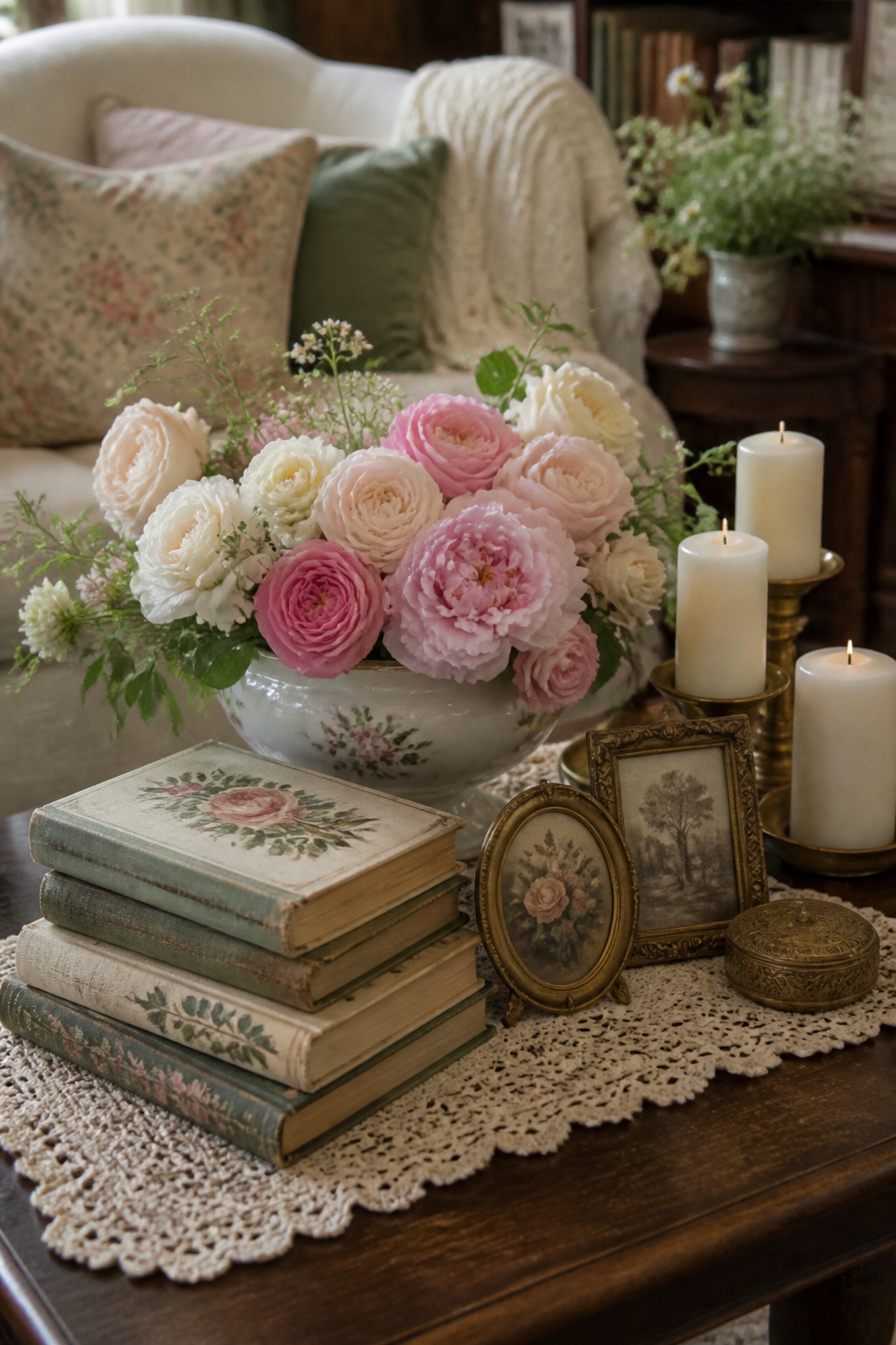 A thrifted coffee table vignette in cottage core style featuring stacked vintage books with botanical covers, a porcelain bowl filled with fresh garden roses and peonies, antique brass picture frames, and white pillar candles on a crocheted doily runner
