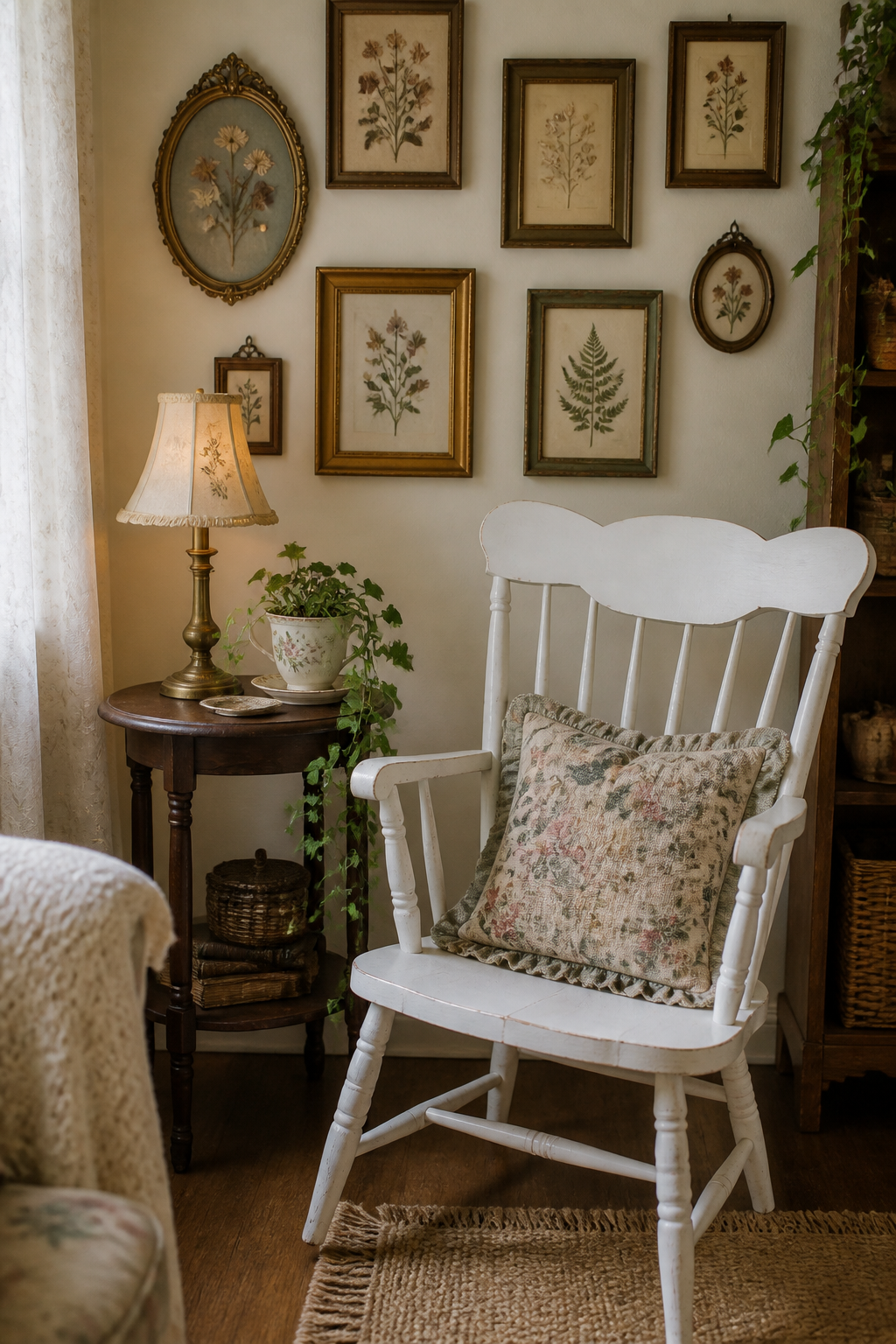 A budget-friendly cottage core living room corner showcasing a secondhand white-painted wooden chair with floral cushion, small side table with vintage lamp and teacup planter with trailing ivy, gallery wall of mismatched thrifted frames with pressed flower art and botanical prints