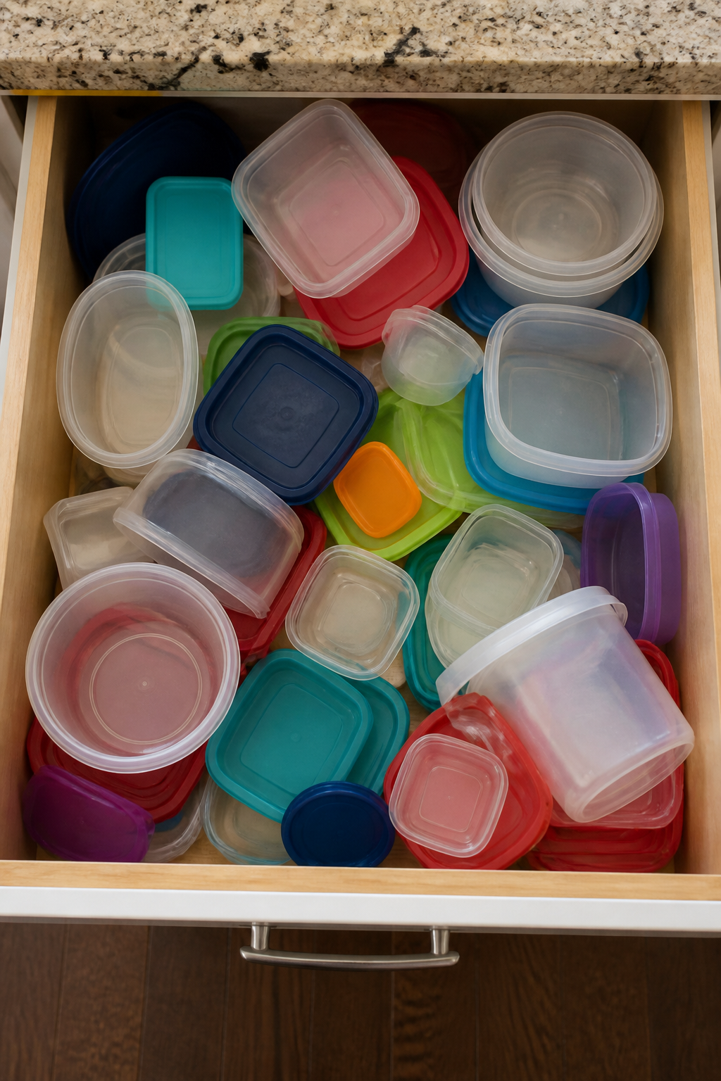 Overhead view of a cluttered kitchen drawer filled with mismatched plastic Tupperware containers and lids scattered chaotically, with some containers stacked haphazardly and colorful lids in disarray
