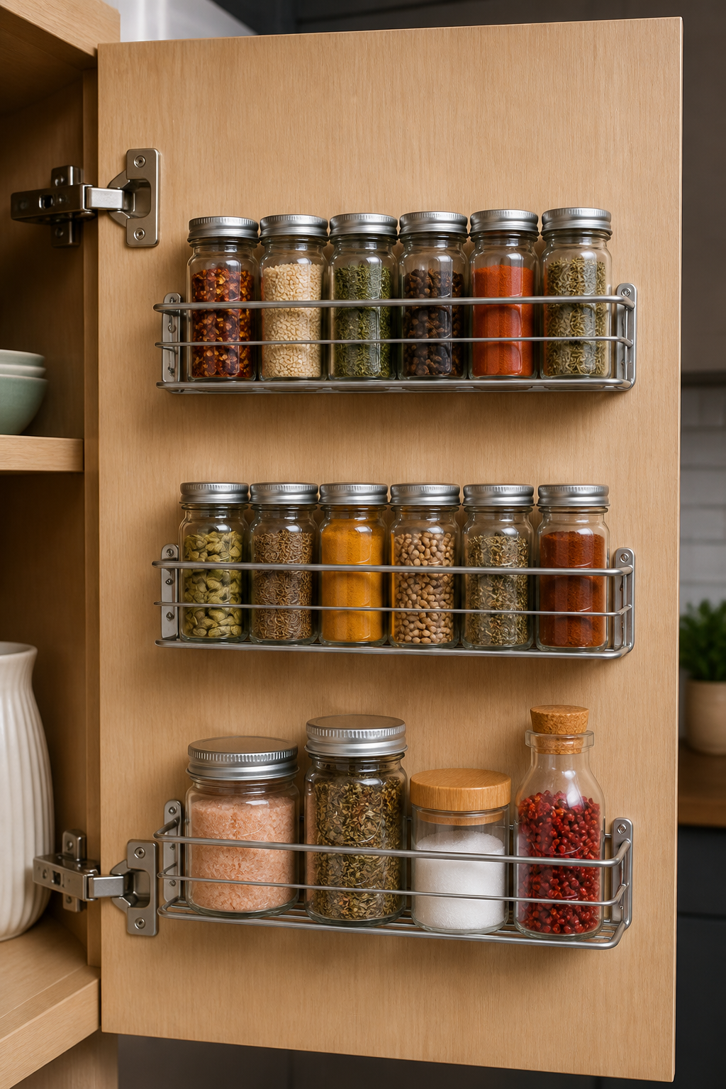 Close-up shot of the inside of a kitchen cabinet door with mounted wire racks holding spice jars and small containers, demonstrating vertical organization on an otherwise unused surface