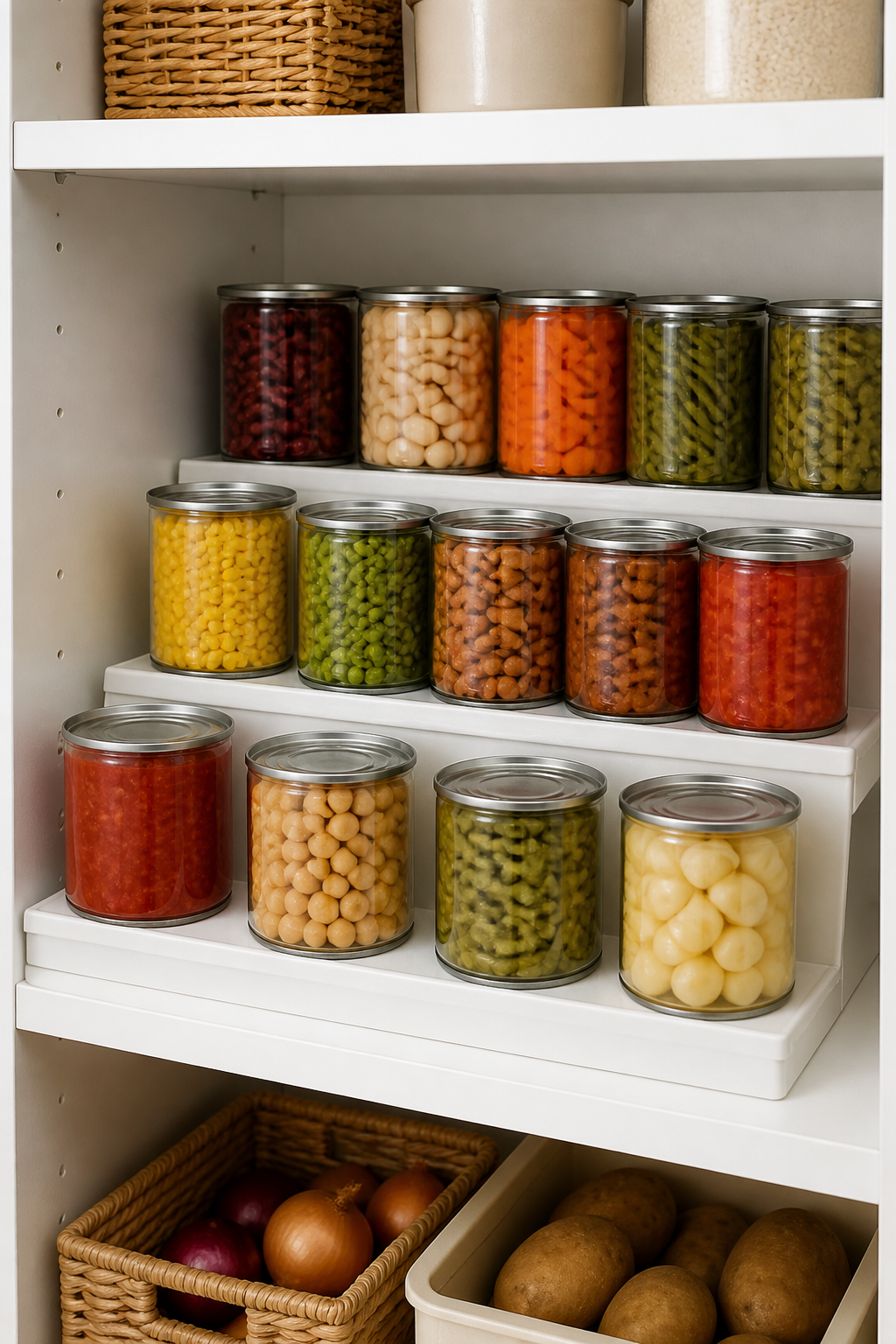 Kitchen pantry shelf showing canned goods neatly organized in tiered shelf risers or step organizers, creating visible rows at different heights against a white cabinet interior