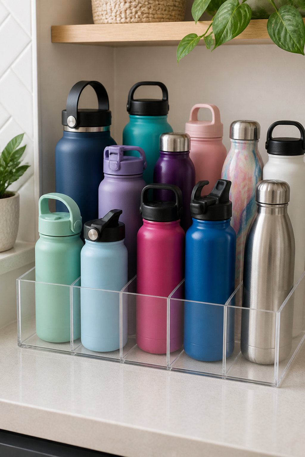 Collection of reusable water bottles of various colors and sizes stored in a clear acrylic organizer or divided bin on a kitchen counter or shelf