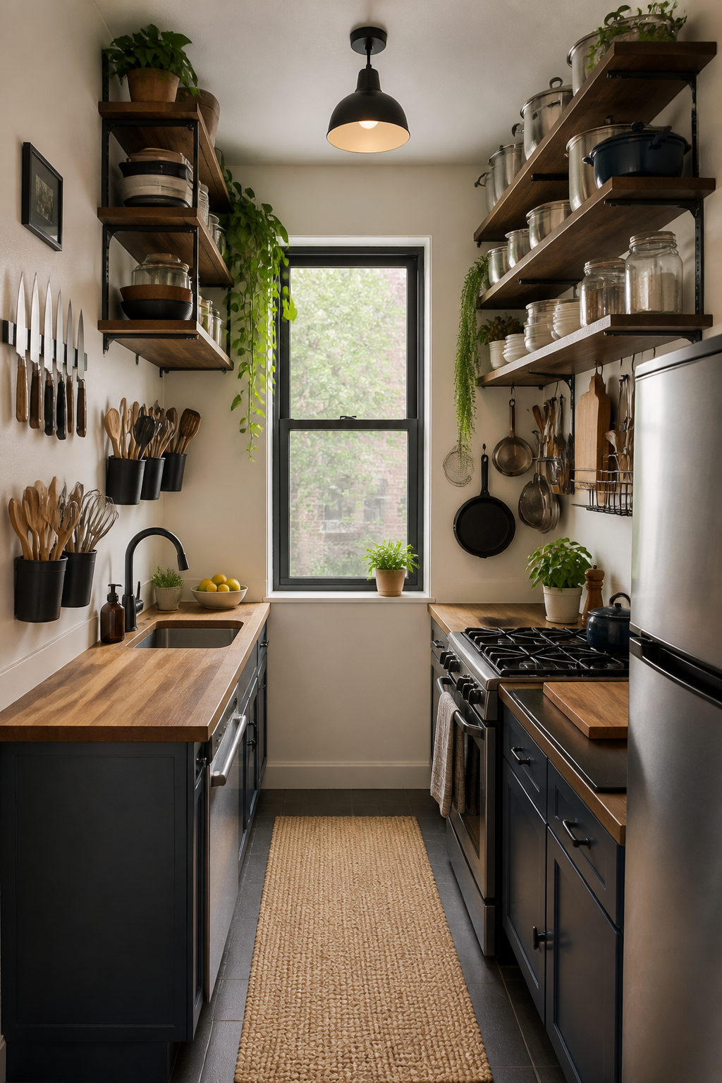 Wide shot of a small galley kitchen utilizing vertical wall space with mounted magnetic knife strips, hanging utensil holders, and wall-mounted shelving units displaying organized cookware and kitchen items