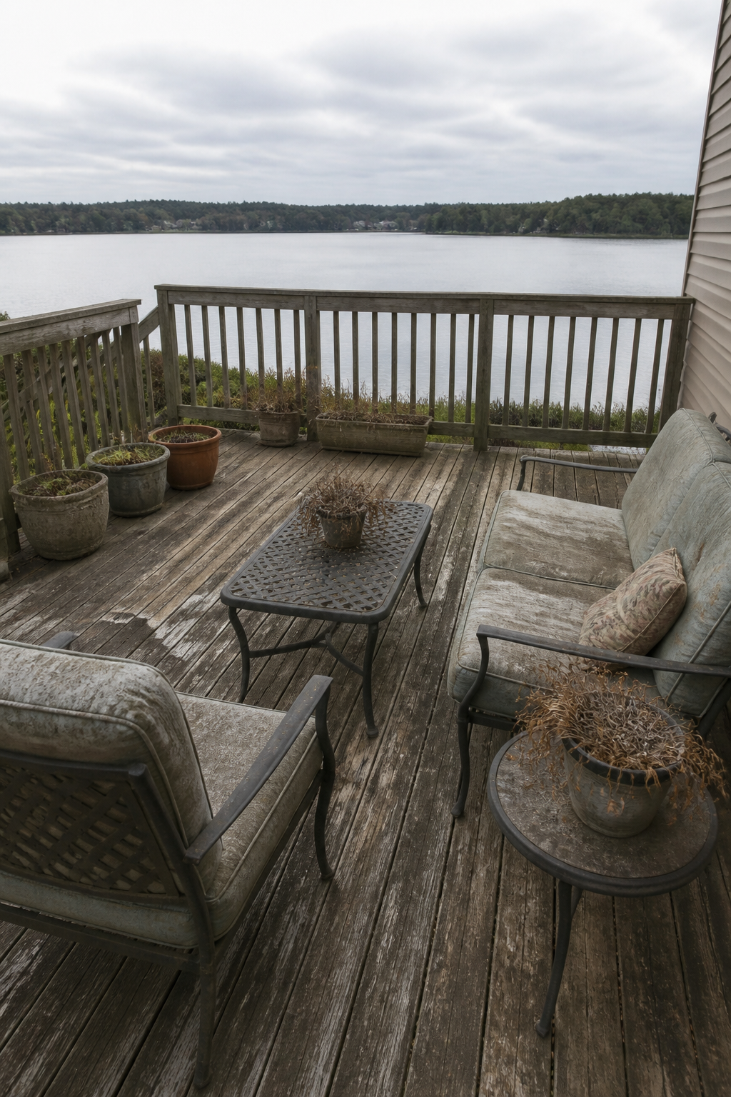 A before photo showing a tired, bare wooden deck with worn-out faded cushions on outdoor furniture, wilted plants in old containers, and a lackluster appearance overlooking a serene lake in the background