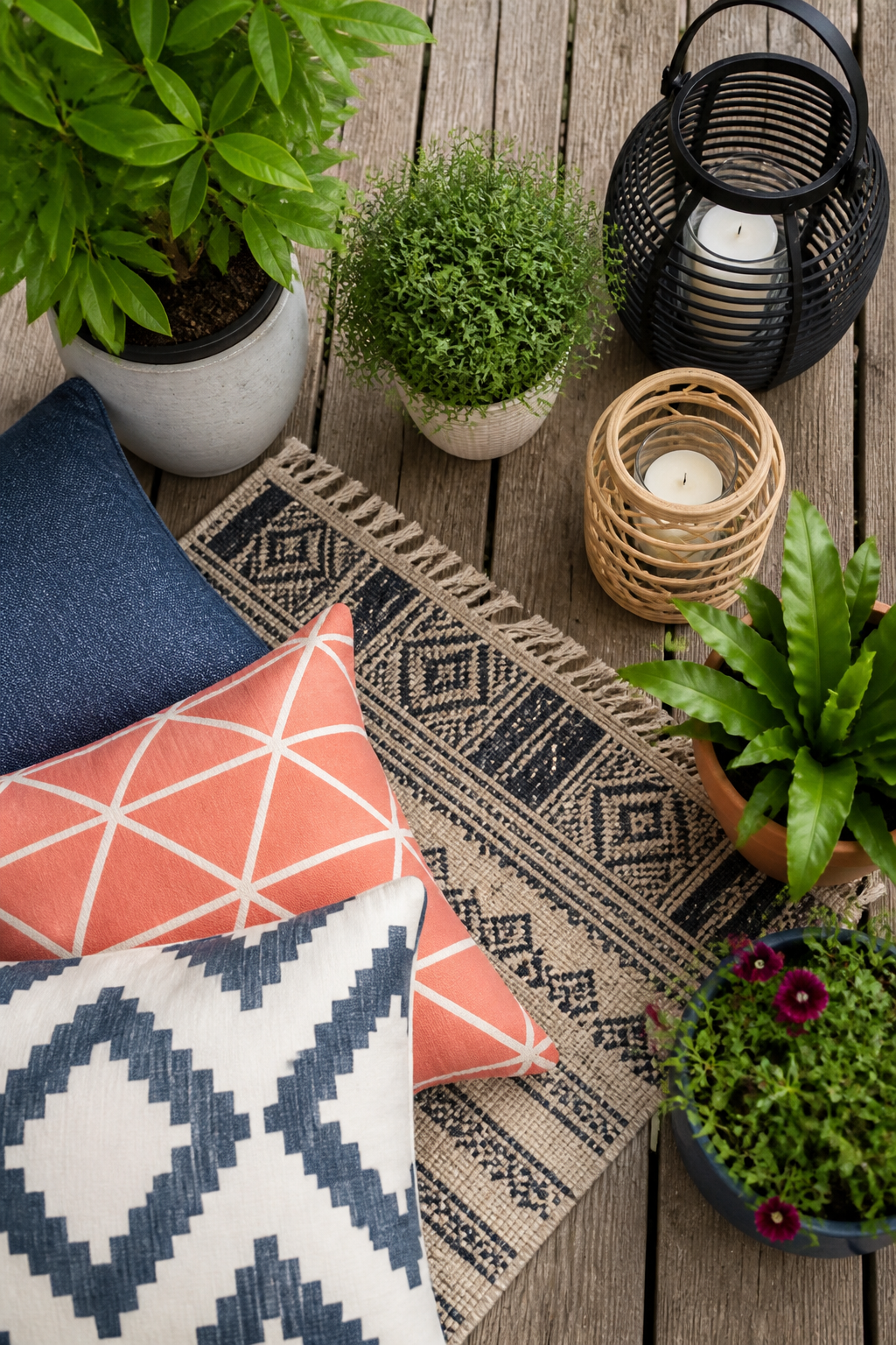 A close-up overhead shot of budget-friendly deck styling items arranged on wooden planks, including fresh potted plants, colorful new outdoor cushions with geometric patterns, a woven outdoor rug, and simple lanterns or candles