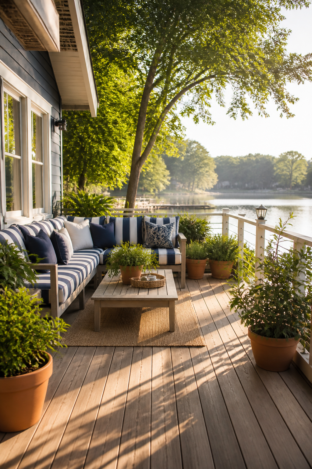 A welcoming lakehouse deck after makeover with cozy seating area featuring fresh navy and white striped cushions, thriving green plants in terracotta pots, and warm morning sunlight casting shadows across the clean wooden planks