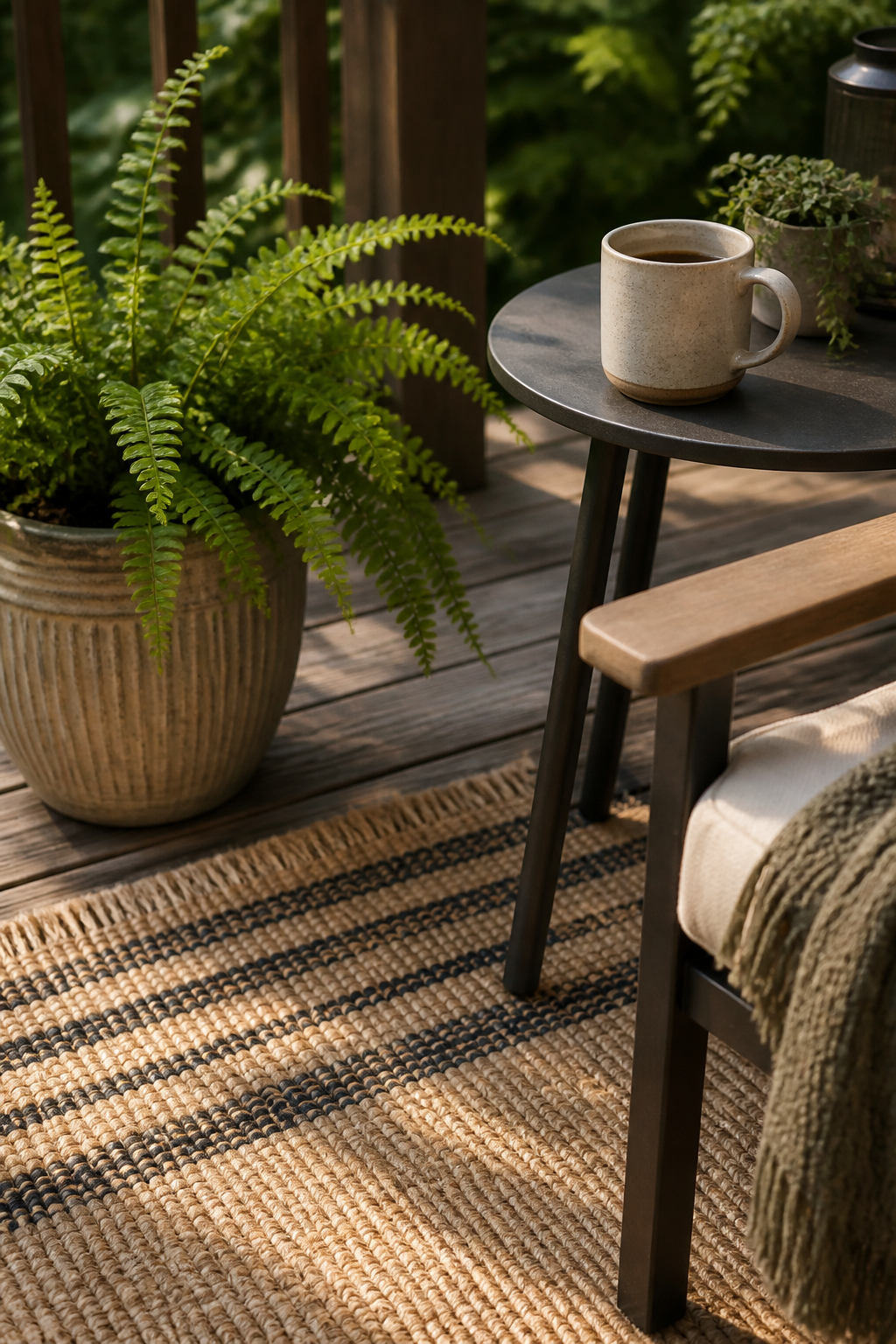A detail shot of a deck corner showing layered textures: a natural jute or striped outdoor rug, a potted fern or leafy plant, and a simple side table with a coffee mug, creating an inviting morning retreat atmosphere