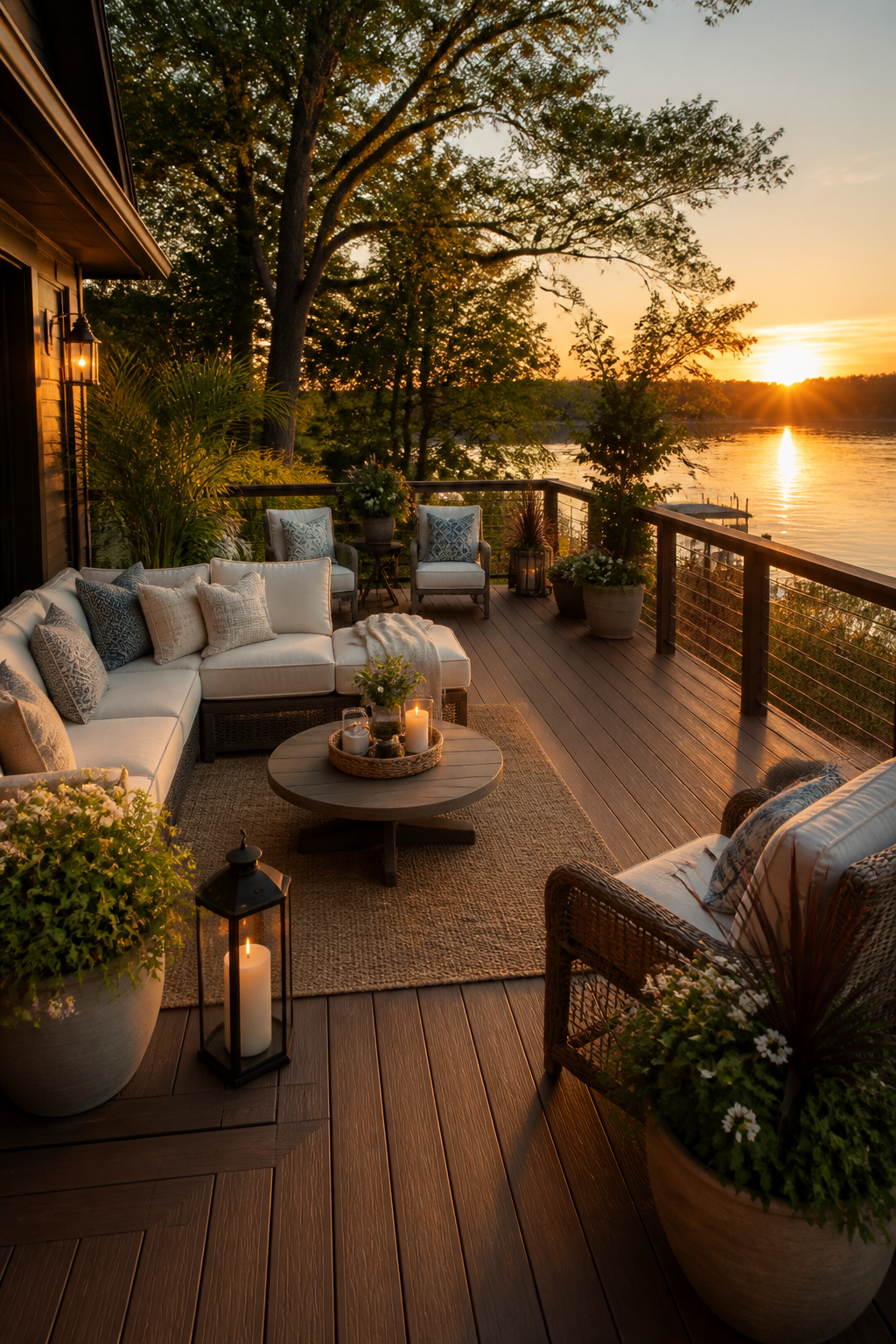 A wide angle view of the completed deck transformation with comfortable seating arrangement, multiple plants creating greenery, decorative pillows, and the peaceful lake view beyond, photographed during golden hour to showcase the cozy, magazine-worthy result