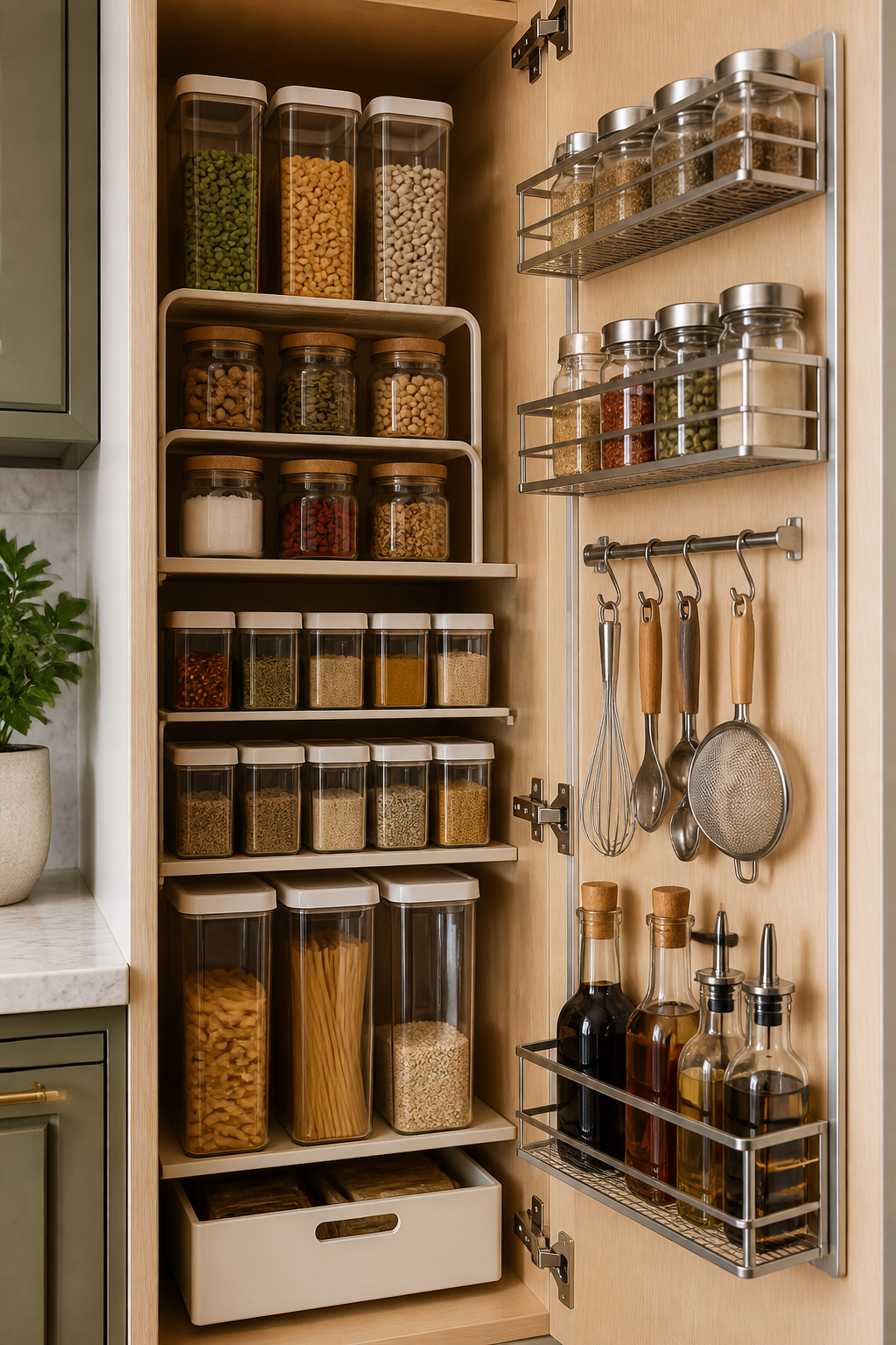 Close-up shot of a narrow kitchen cabinet with clever vertical storage solutions including stacked shelf organizers, hanging racks on the inside of cabinet doors, and clear containers maximizing every inch of space