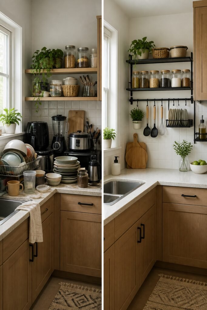 Before-and-after split composition showing the same compact kitchen corner, left side chaotic with appliances crowding the counter and dishes stacked messily, right side organized with wall-mounted storage and clear countertops