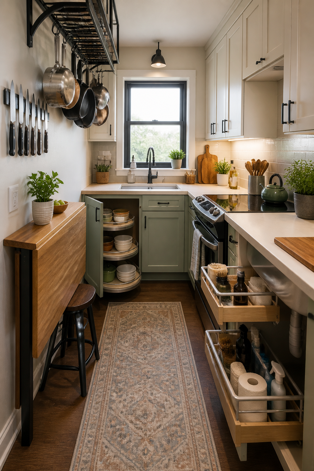Wide shot of a tiny galley kitchen with smart space-saving features visible including magnetic knife strip on wall, hanging pot rack, corner lazy susan cabinet open and organized, and under-sink storage with pull-out organizers
