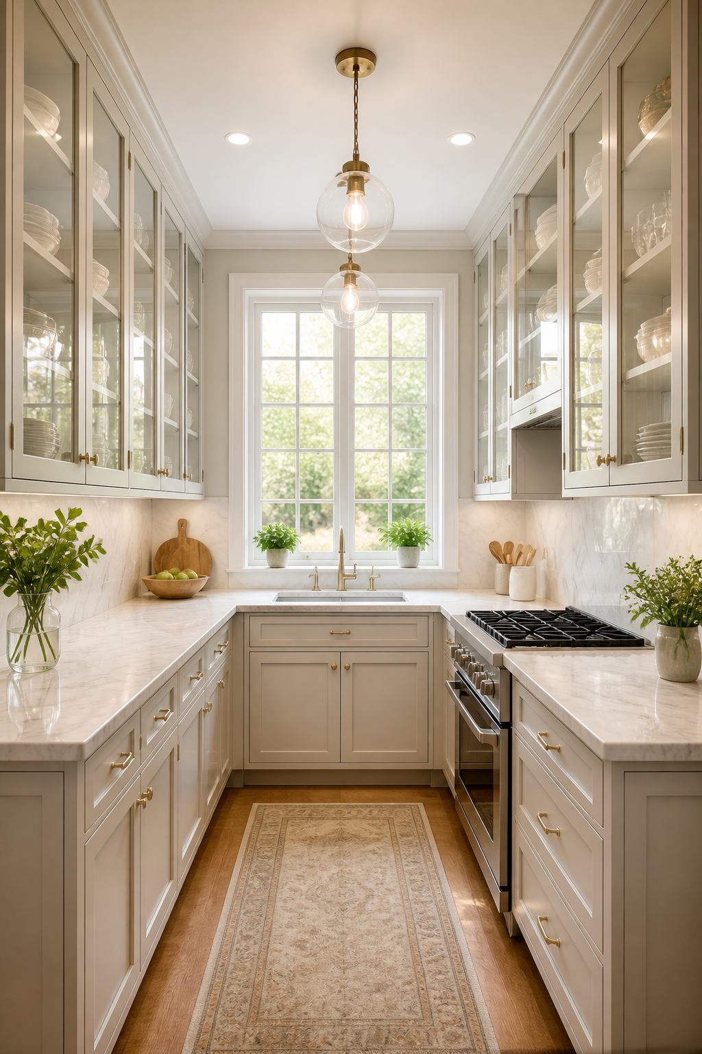 Bright small kitchen interior featuring glass-front cabinets on both sides, marble countertops, pendant lighting, showcasing how transparent cabinet doors make the space feel larger and more open