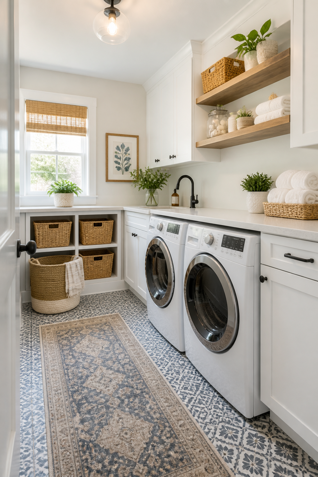 A bright, cheerful laundry room with white cabinets, a front-loading washing machine and dryer, open shelving with neatly organized supplies, and a patterned tile or vinyl floor runner, shot from a corner angle showing the full space transformation