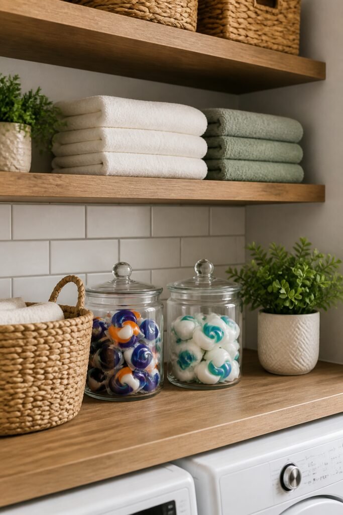 Close-up of budget-friendly laundry room details including woven baskets for storage, glass jars filled with colorful detergent pods, a small potted plant on a countertop, and neatly folded towels stacked on floating wooden shelves