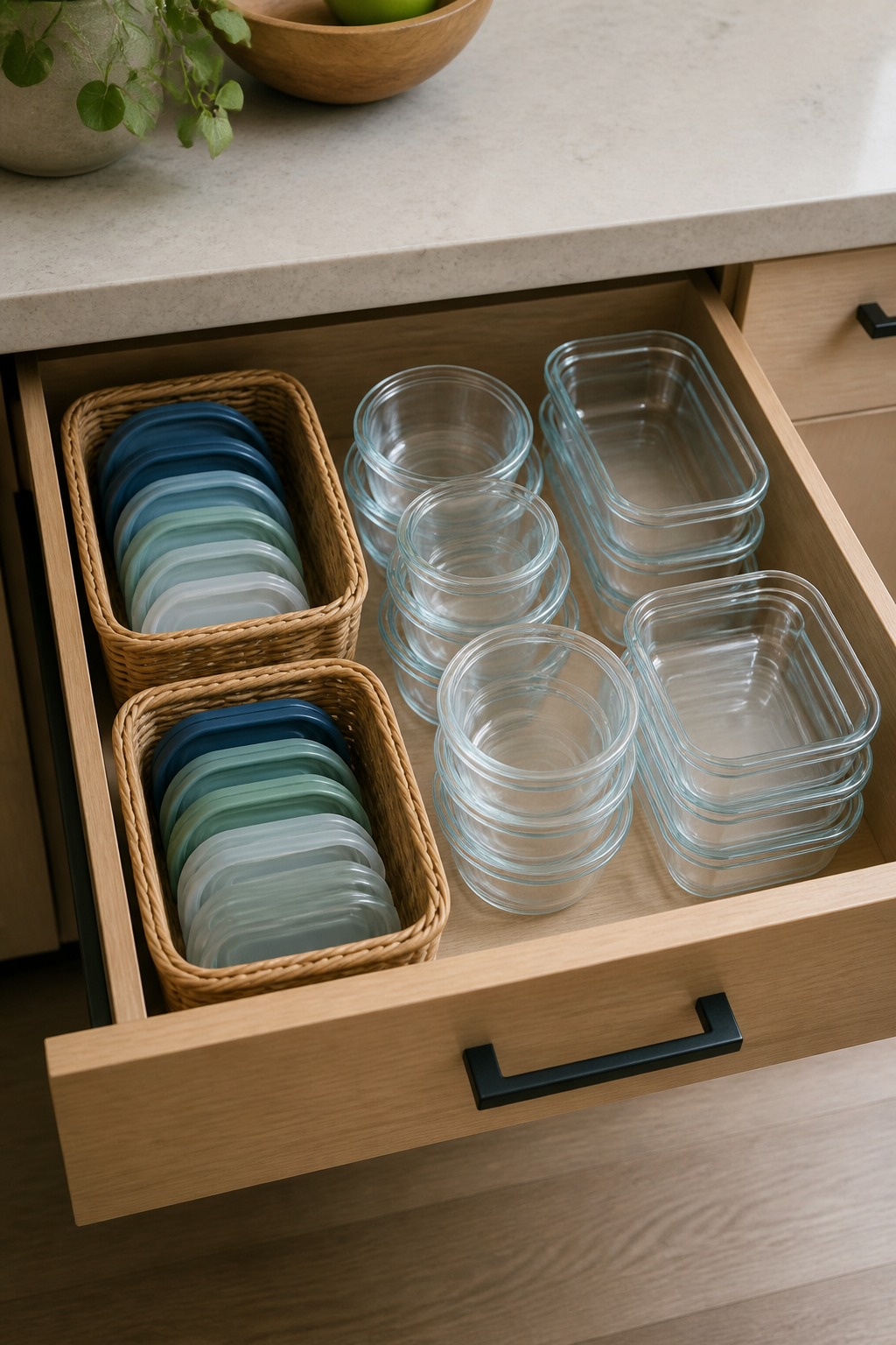 Overhead view of a small, cluttered kitchen counter with water bottles scattered everywhere, a messy junk drawer half-open, and family chaos with kids' lunch boxes, keys, and random items piled up in realistic disarray