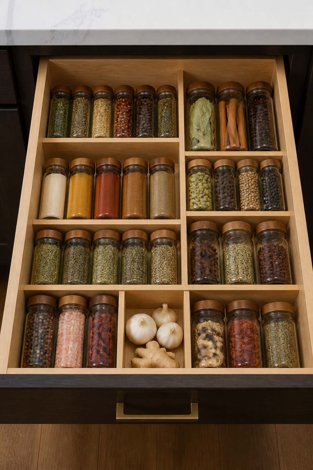Eye-level view into a deep kitchen drawer with custom dividers organizing various water bottles, food storage containers with matching lids neatly stacked, and everything categorized in separate compartments