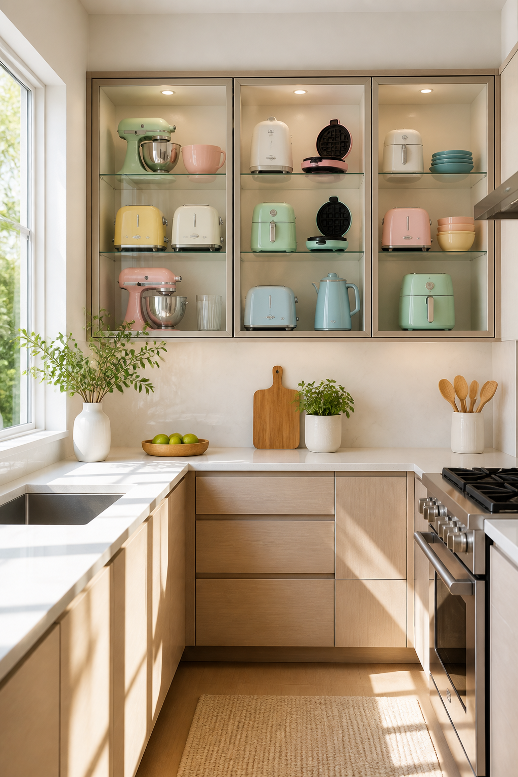 A small modern kitchen with elegant glass-front upper cabinets displaying neatly organized white dishes, colorful coffee mugs, and glassware, natural light streaming through, clean minimalist aesthetic, bright and airy atmosphere