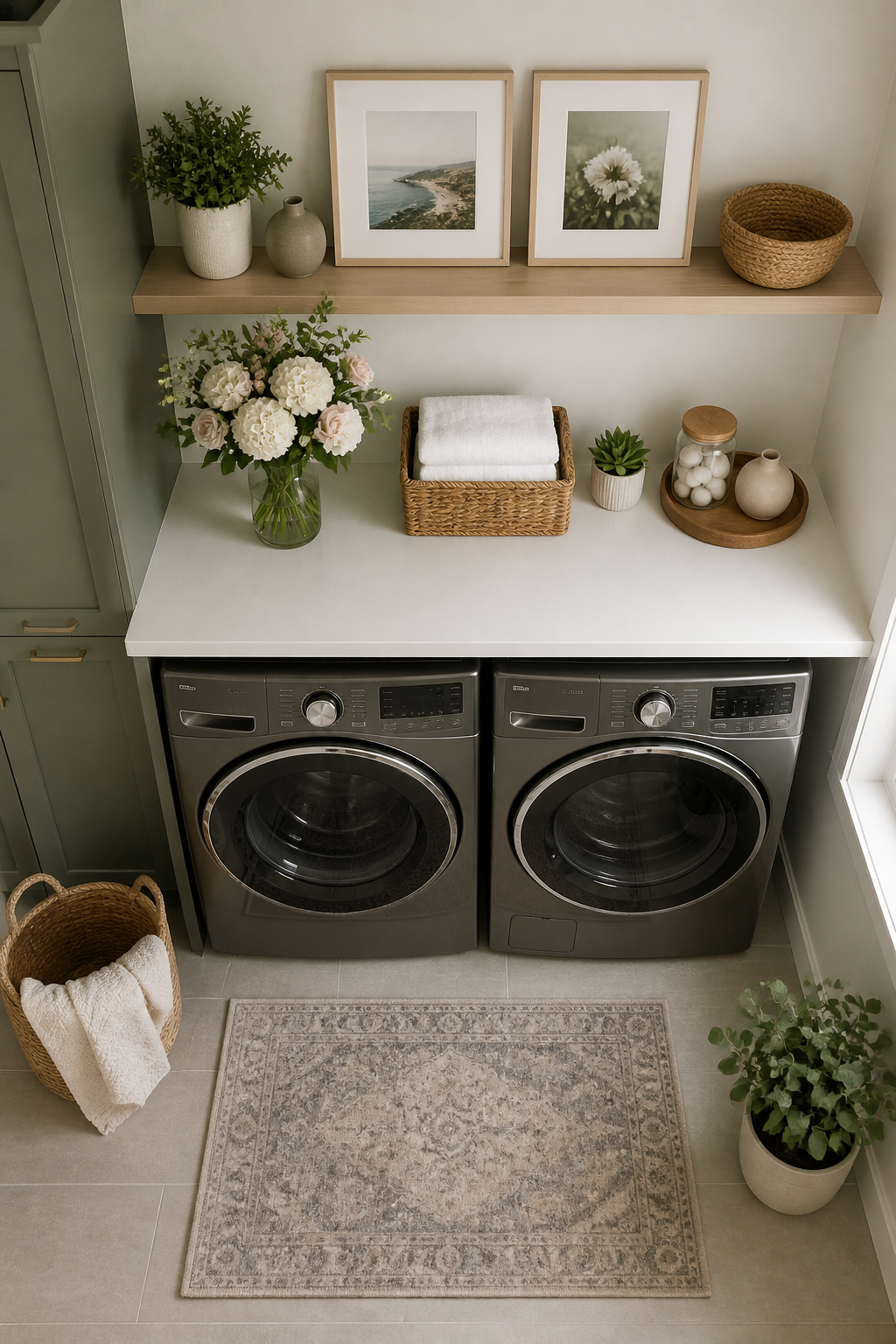 An overhead flat-lay shot of budget-friendly laundry room makeover materials including paint swatches, peel-and-stick wallpaper samples, cabinet hardware, small potted succulents, and fabric samples for window treatments spread on a white surface