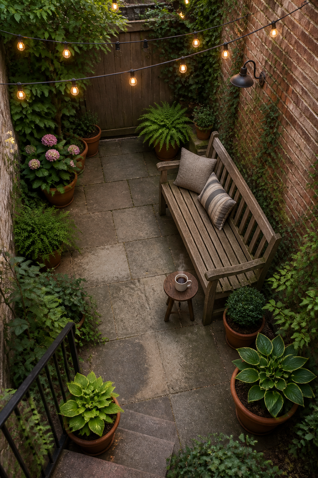 Overhead view of a small urban backyard patio with a rustic wooden bench, potted plants in terracotta containers, string lights overhead, and a steaming coffee mug on a small side table, surrounded by lush greenery and brick walls