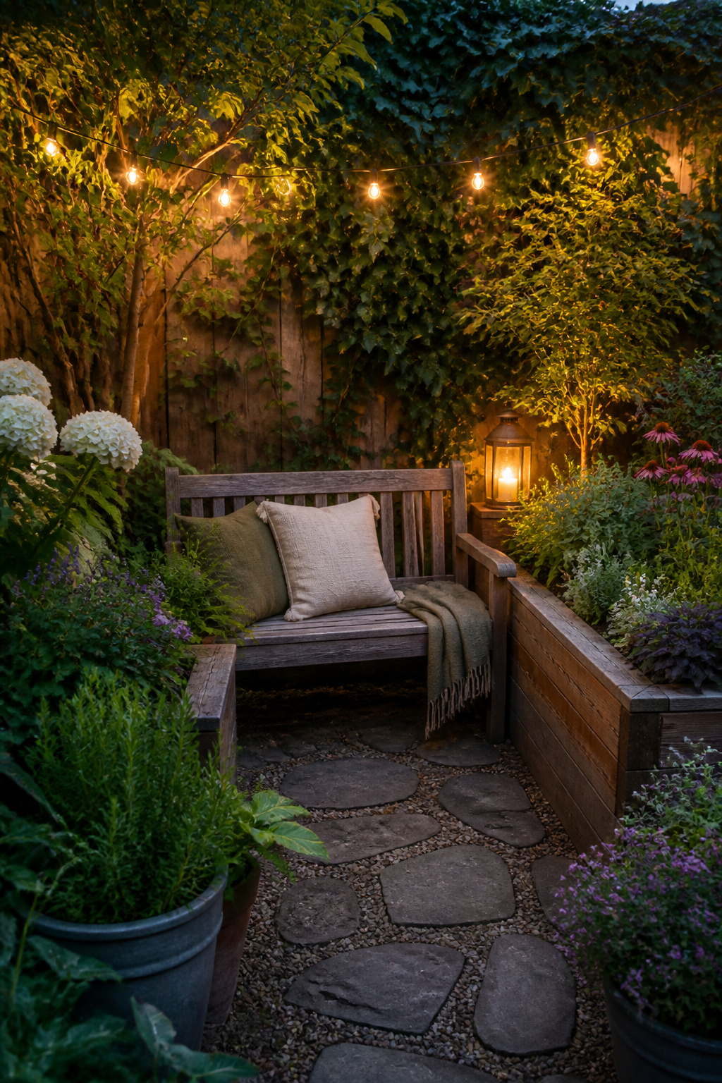Cozy compact urban backyard corner with a weathered wooden bench nestled between raised garden beds, surrounded by layered plantings of herbs and flowers, with a privacy fence covered in ivy and warm evening ambient lighting