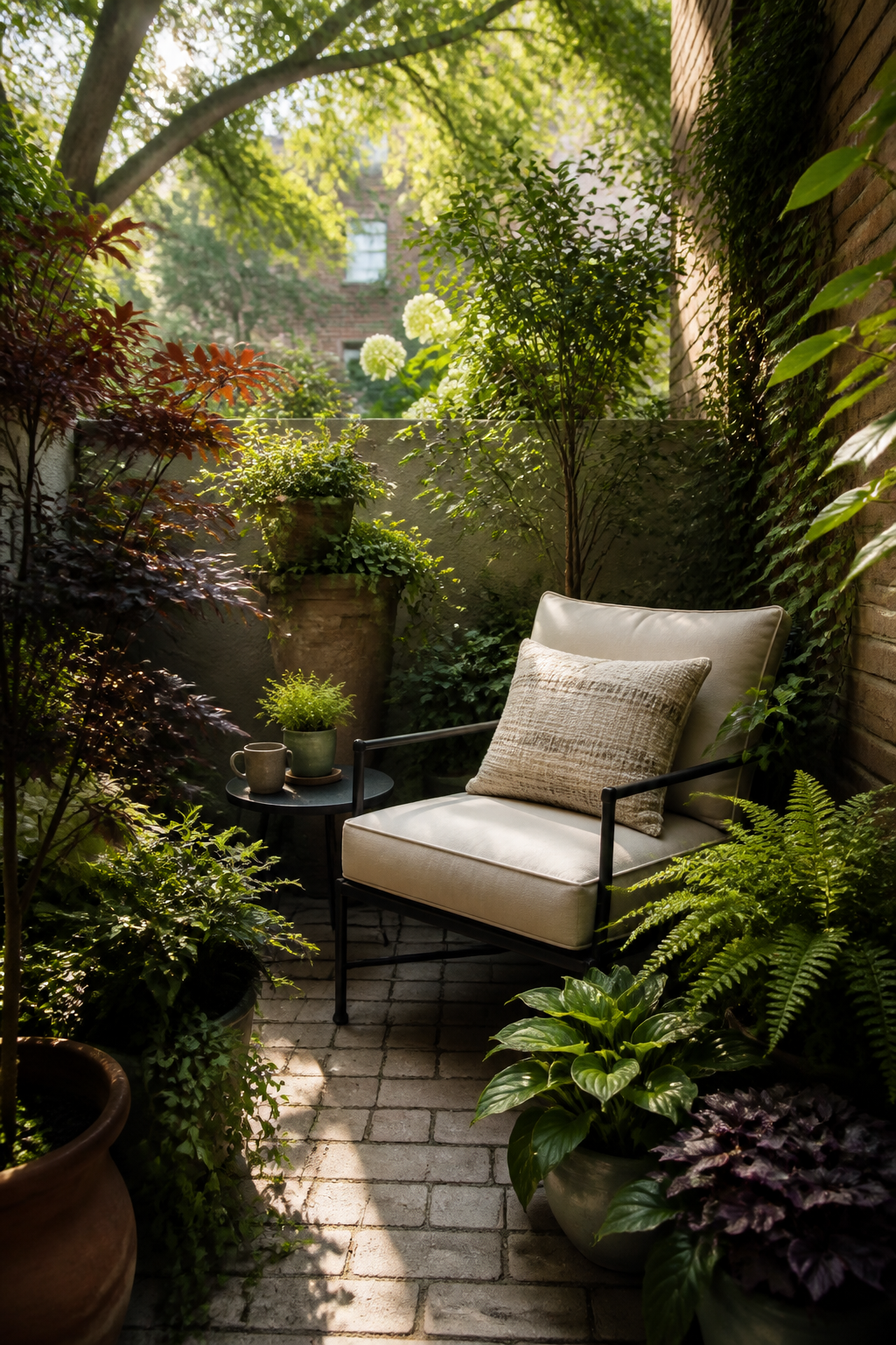 Intimate urban garden seating nook with cushioned outdoor chair, small round side table, surrounded by intentionally curated mix of potted plants at varying heights, textured foliage, with soft morning light filtering through neighbor's tree canopy above