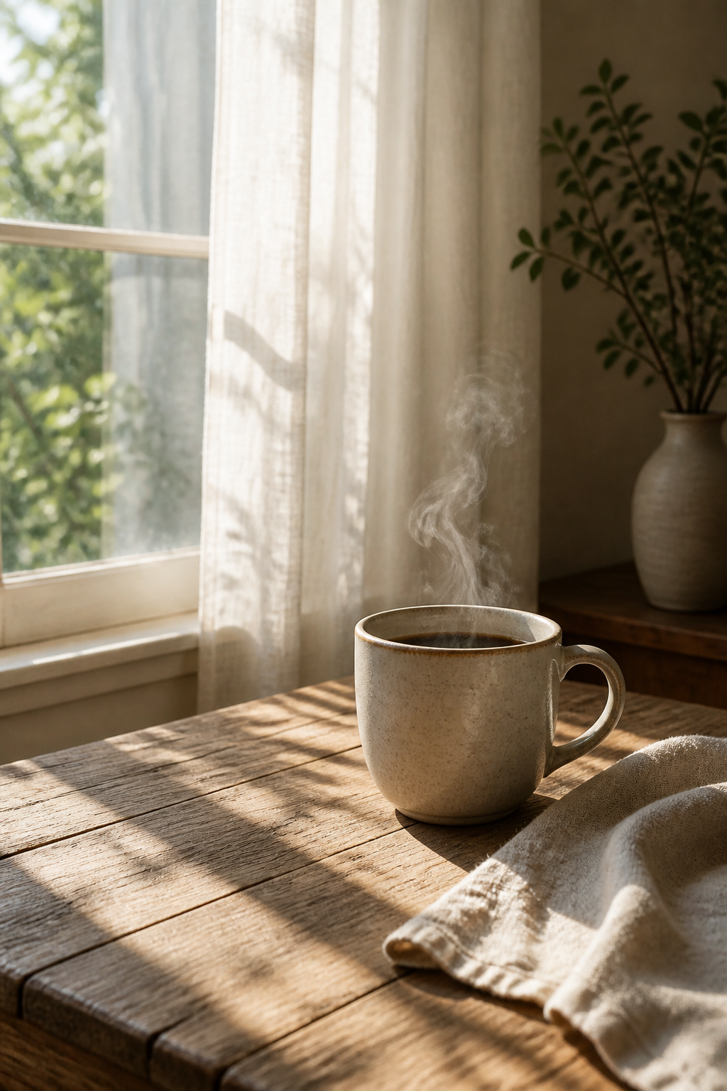 A minimalist morning coffee scene on a wooden table by a sunlit window, featuring a ceramic mug with steam rising, a simple linen napkin, and soft natural light streaming through sheer curtains onto the weathered wood surface