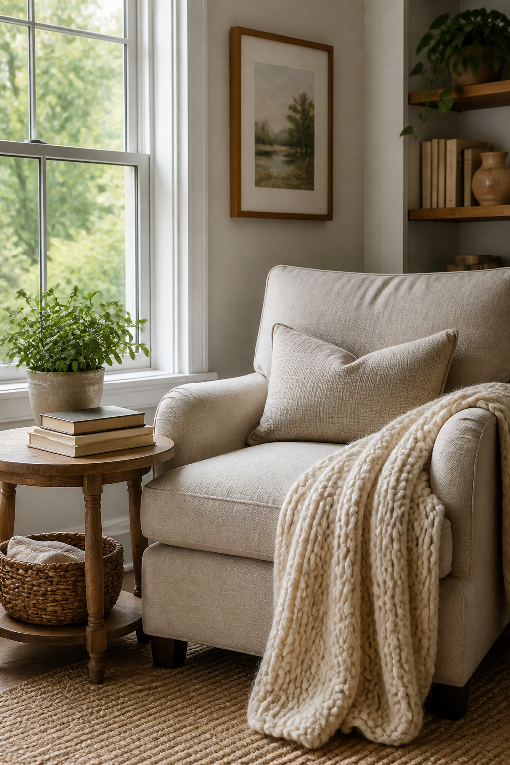 A cozy reading nook with a neutral-toned linen armchair, chunky knit throw blanket draped over the side, a small side table with a stack of books and a potted plant, positioned next to a large window with natural daylight