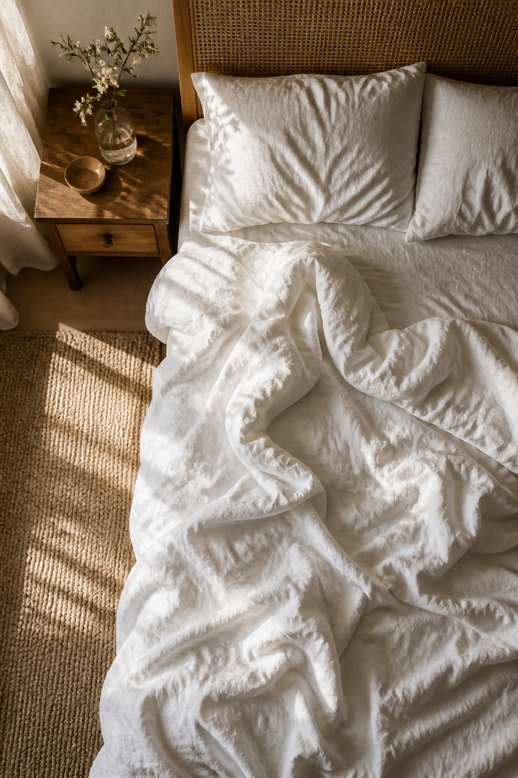 An overhead view of a serene bedroom with an unmade bed featuring rumpled white linen sheets, a wooden nightstand with a single stem in a glass vase, and soft morning light creating gentle shadows across natural fiber textures