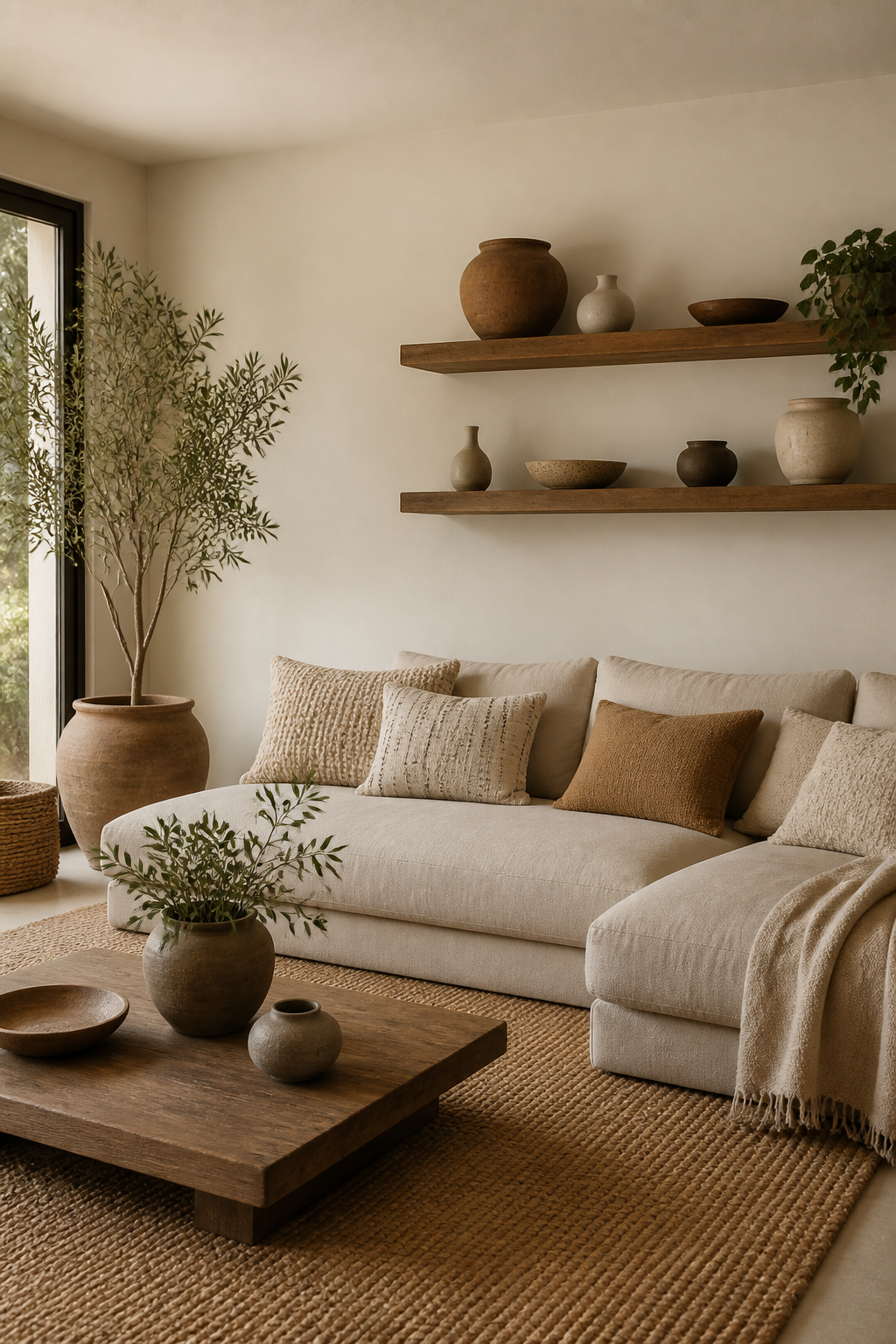 A calm living room corner showcasing earth-tone palette with a low-profile sofa, textured cushions in beige and cream, a woven jute rug, and simple pottery pieces on floating wooden shelves against a warm white wall