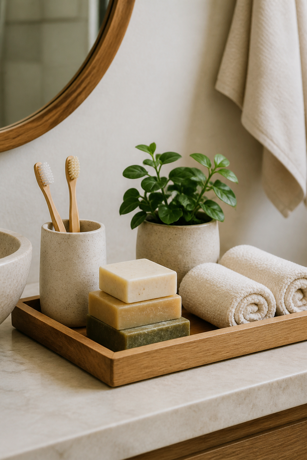 A peaceful bathroom counter styled with intentional simplicity, featuring a wooden tray holding natural soap bars, a ceramic toothbrush holder, a small green plant, and rolled organic cotton towels in neutral tones