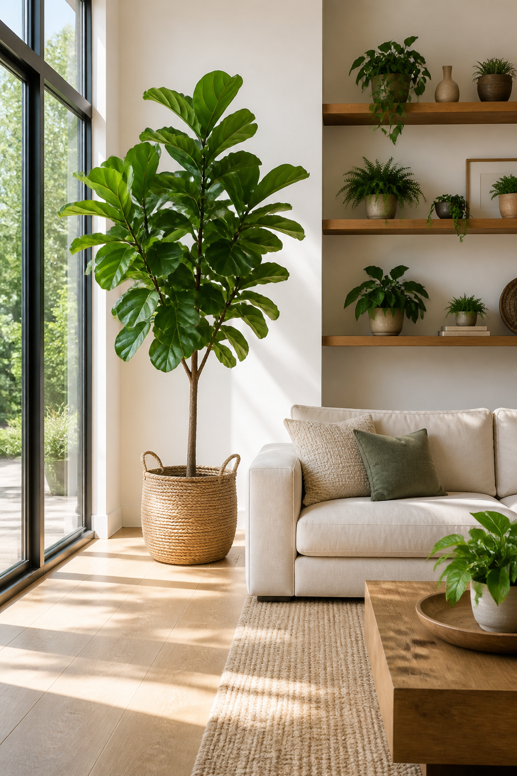 A bright modern living room with floor-to-ceiling windows, featuring a large fiddle leaf fig tree in a woven basket planter next to a cream sofa, multiple potted plants on floating wooden shelves, and natural sunlight streaming across light oak floors