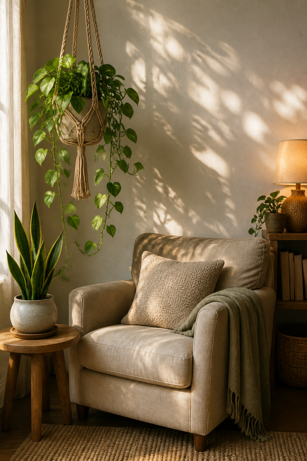 A cozy reading nook with a hanging macrame planter suspending a trailing pothos plant, a comfortable armchair in natural linen fabric, a small side table with a ceramic planter containing snake plants, and warm ambient lighting creating dappled shadows on a white wall