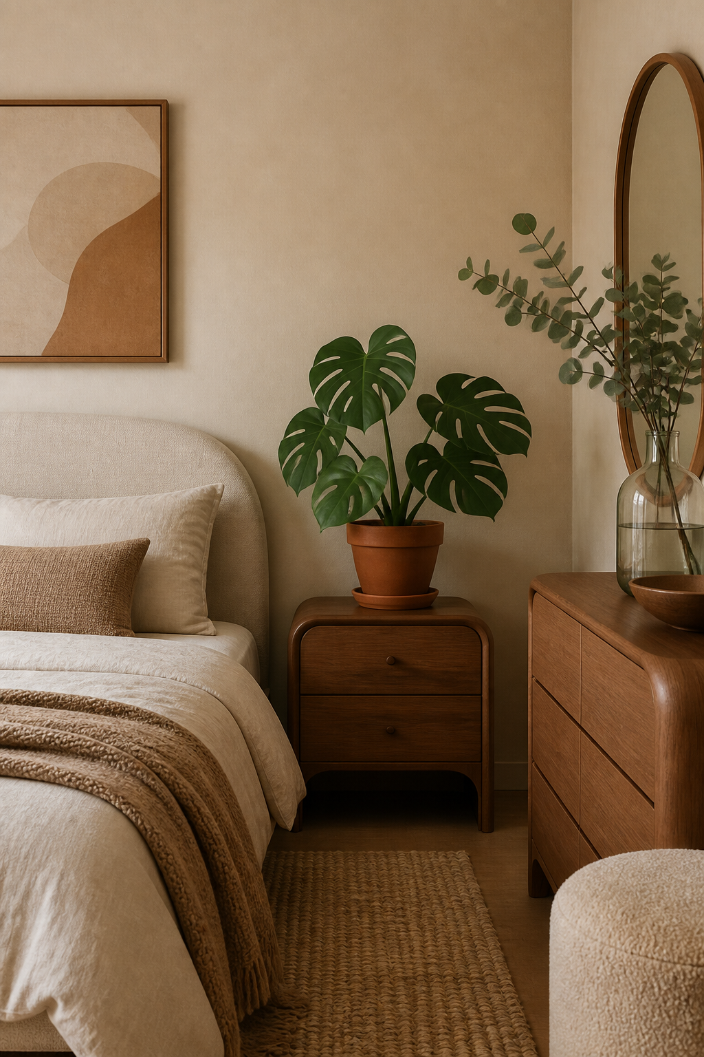 A minimalist bedroom styled in warm tones with a monstera plant in a terracotta pot on a wooden nightstand, eucalyptus branches in a glass vase on a dresser, neutral bedding, and organic curved furniture pieces against a soft beige wall