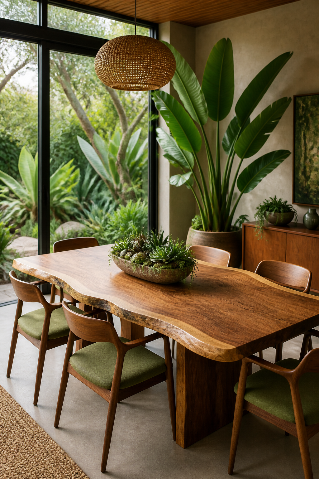 A dining area showcasing biophilic design with a live edge wooden table, mid-century modern chairs, a dramatic statement plant like a bird of paradise in the corner, smaller succulents as a centerpiece, and large windows revealing garden views outside